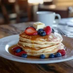 What can you add to pancake mix to make it better? Stack of pancakes with fruit and syrup