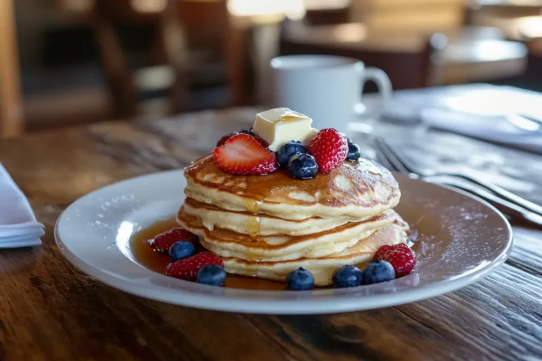 What can you add to pancake mix to make it better? Stack of pancakes with fruit and syrup